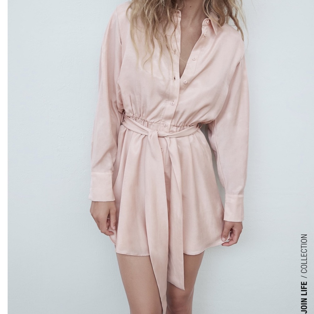 🤍 ZARA Pink Belted Satin Effect Shirt Dress sz Large